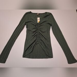 Pilcro Long-Sleeve Green Ribbed Cinched V-Neck Top Size Small